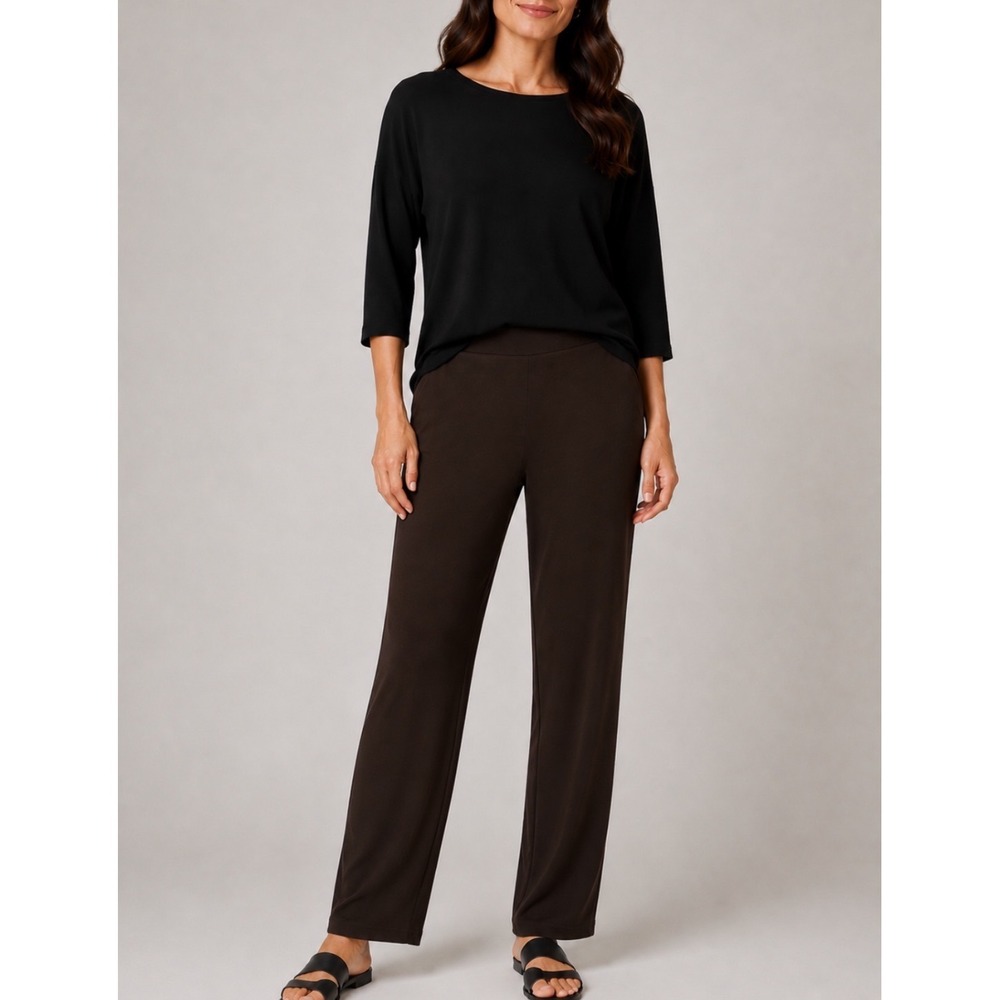 Eileen Fisher Womens Pants Large Slim Ankle Dark Brown Stretch Jersey Pull On